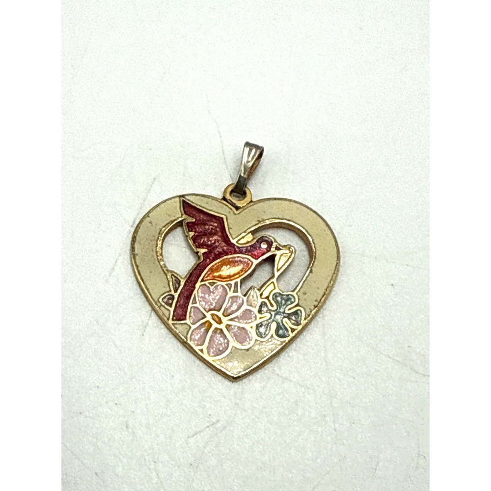 Vintage‎ Gold Tone Enamel Hummingbird Heart Pendant Charm Floral Nature Jewelry
